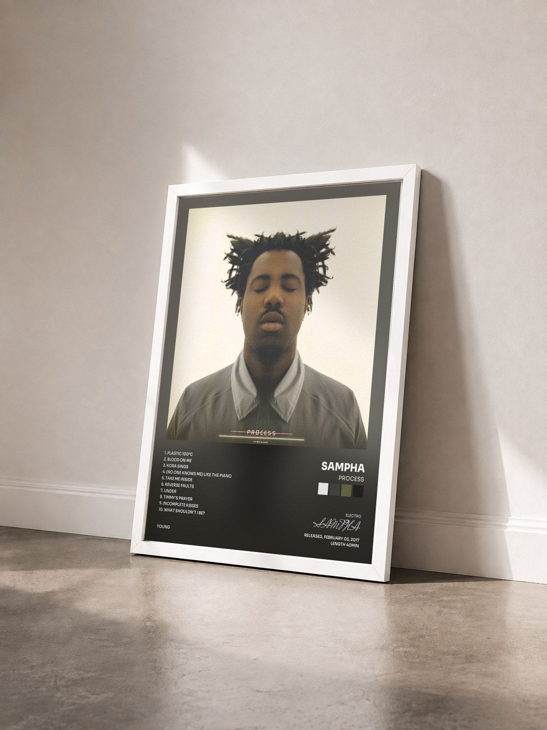 #blanc Tableau de l'album Process de SAMPHA vu de trois quarts, cadre blanc