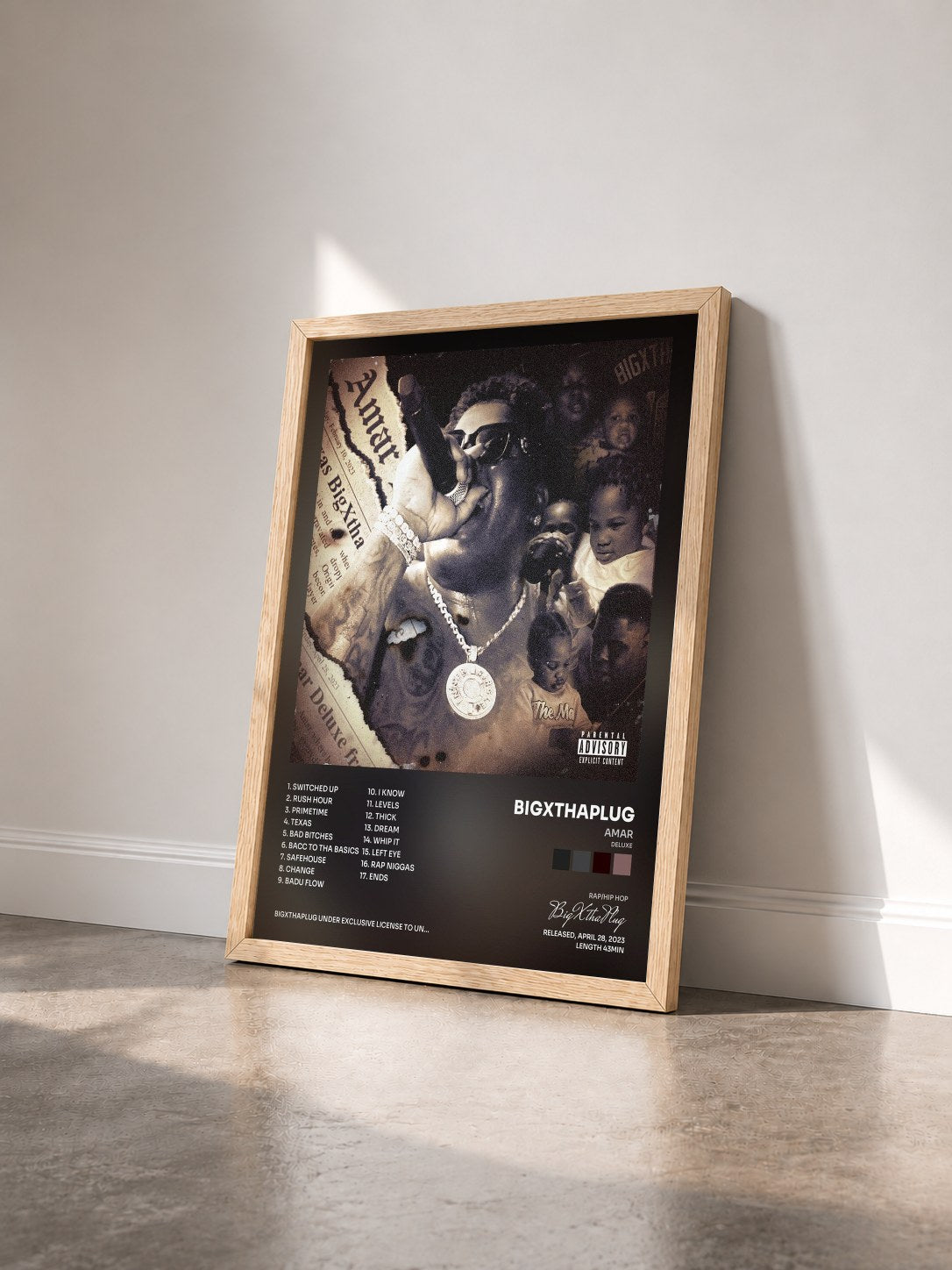 #bois Tableau de l'album AMAR (Deluxe) de BigXthaPlug vu de trois quarts, cadre en bois brut