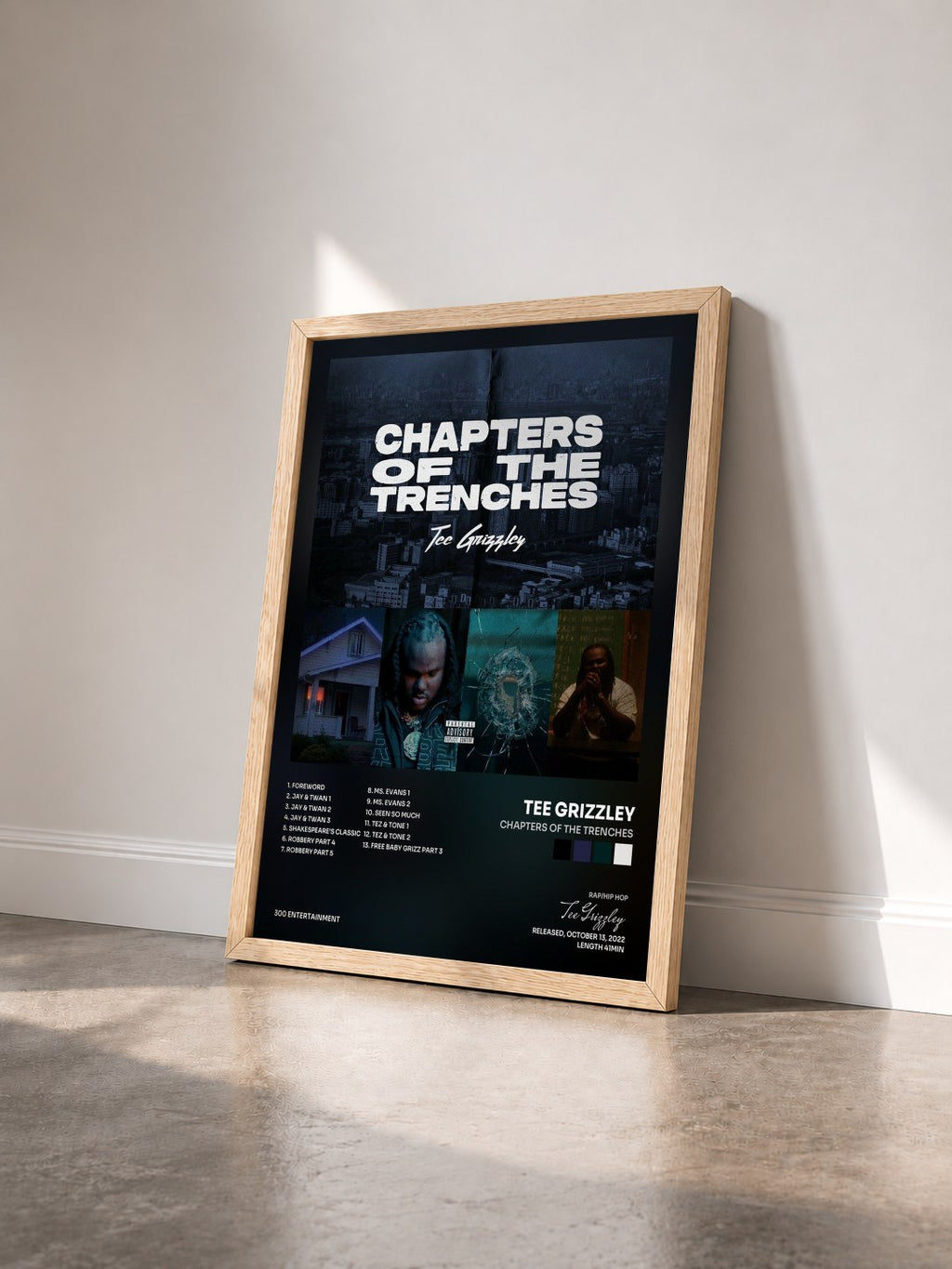 #bois Tableau de l'album Chapters Of The Trenches de Tee Grizzley vu de trois quarts, cadre en bois brut