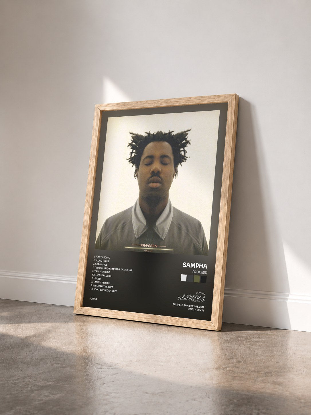 #bois Tableau de l'album Process de SAMPHA vu de trois quarts, cadre en bois brut