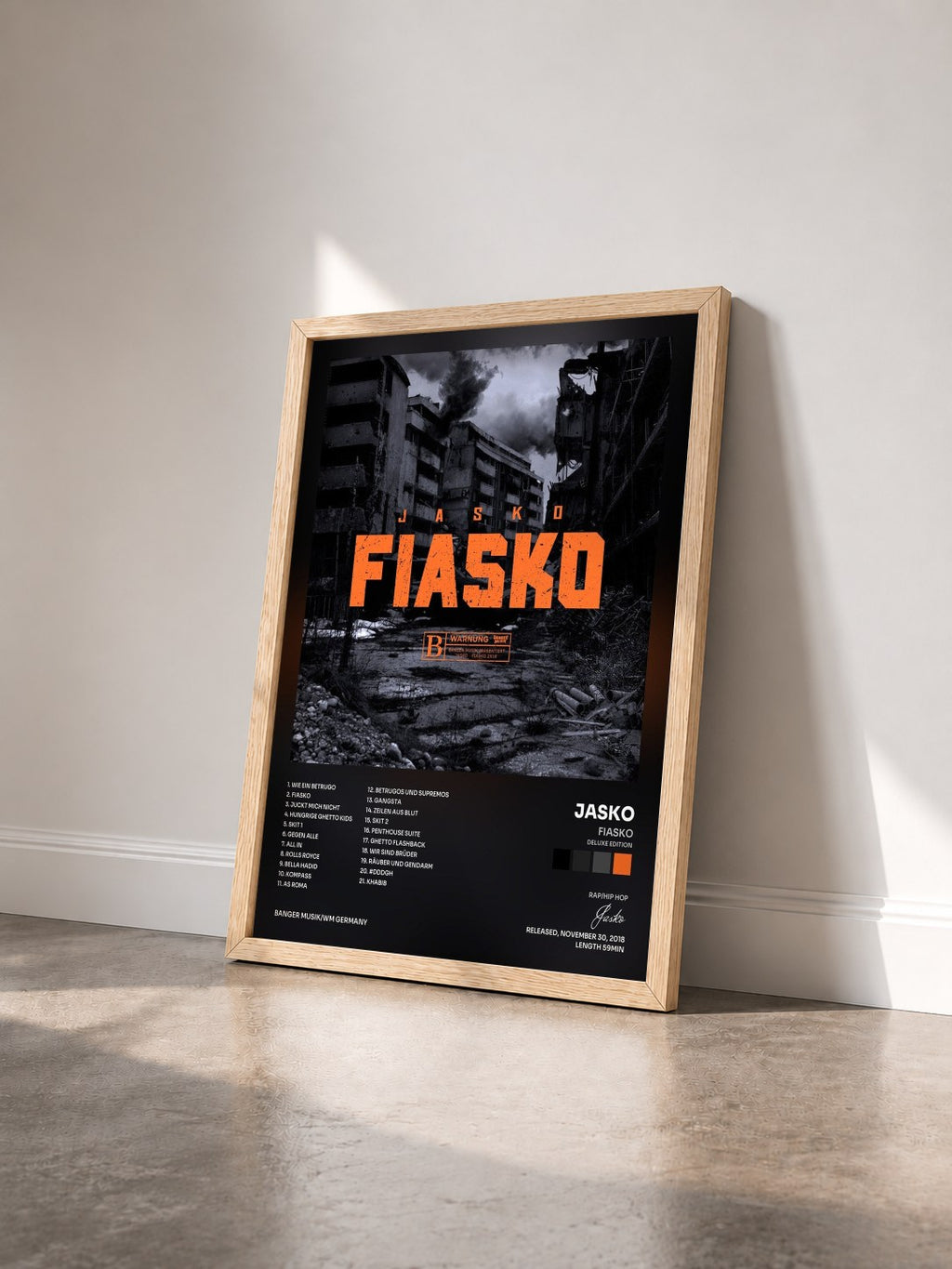 #bois Tableau de l'album Fiasko (Deluxe Edition) de Jasko vu de trois quarts, cadre en bois brut