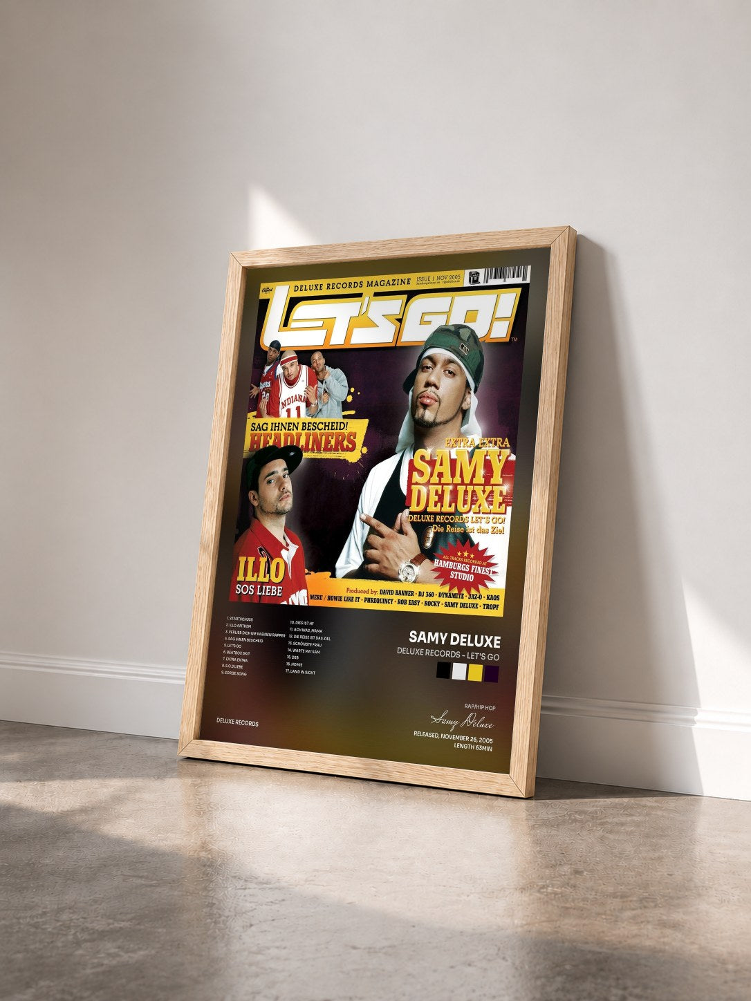 #bois Tableau de l'album Deluxe Records - Let's Go de Samy Deluxe vu de trois quarts, cadre en bois brut