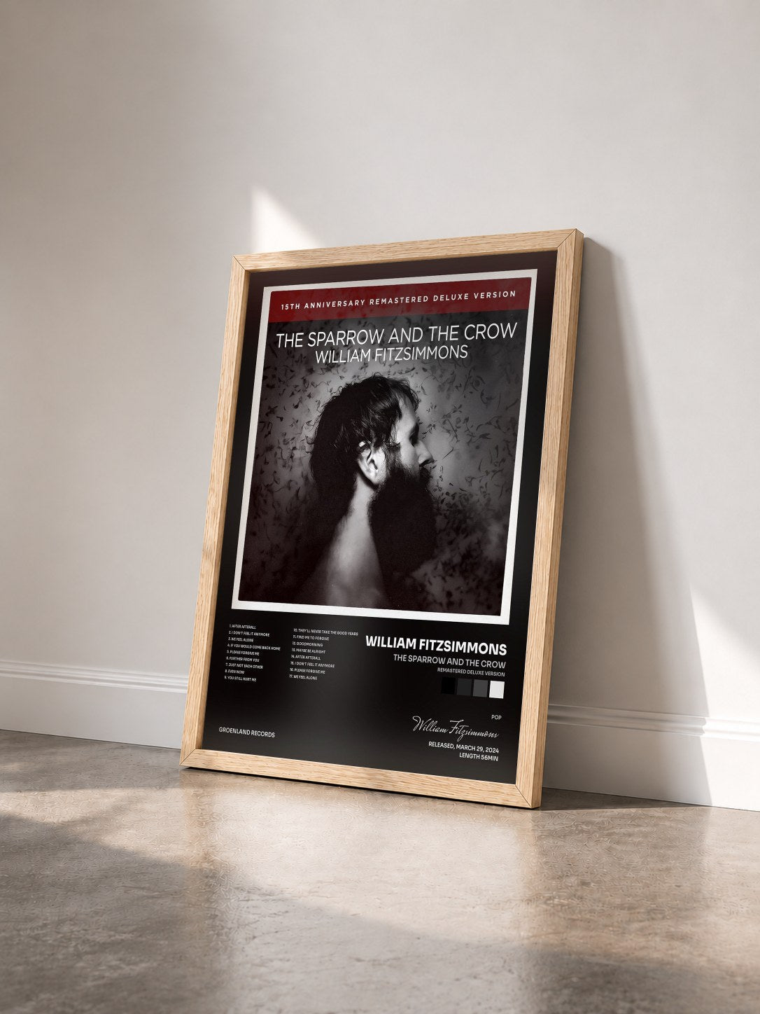 #bois Tableau de l'album The Sparrow and the Crow (Remastered Deluxe Version) de William Fitzsimmons vu de trois quarts, cadre en bois brut