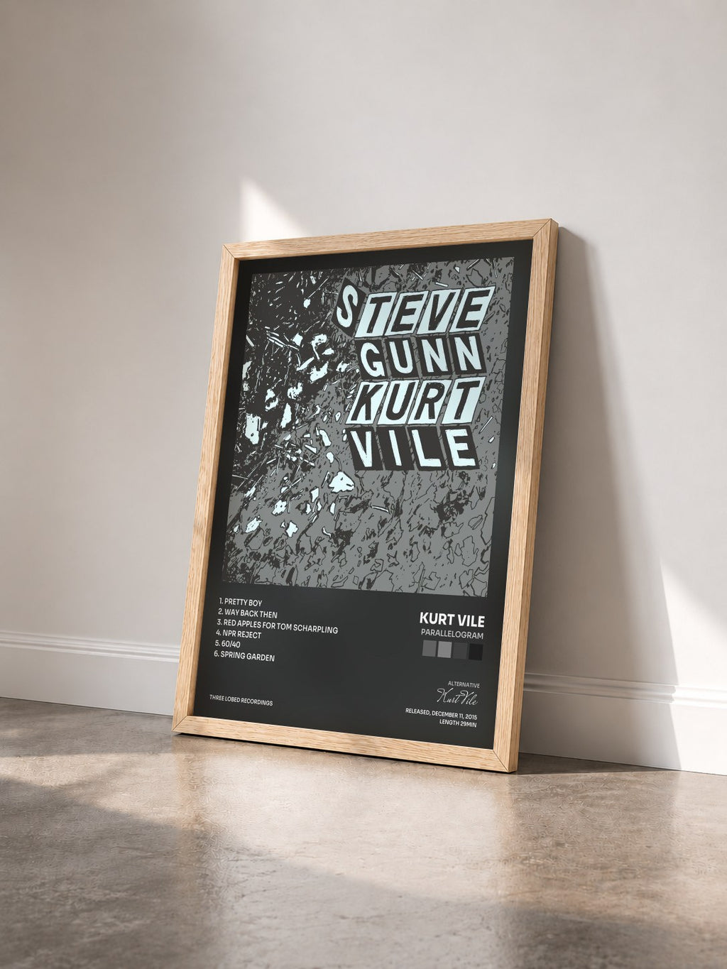 #bois Tableau de l'album Parallelogram de Kurt Vile vu de trois quarts, cadre en bois brut