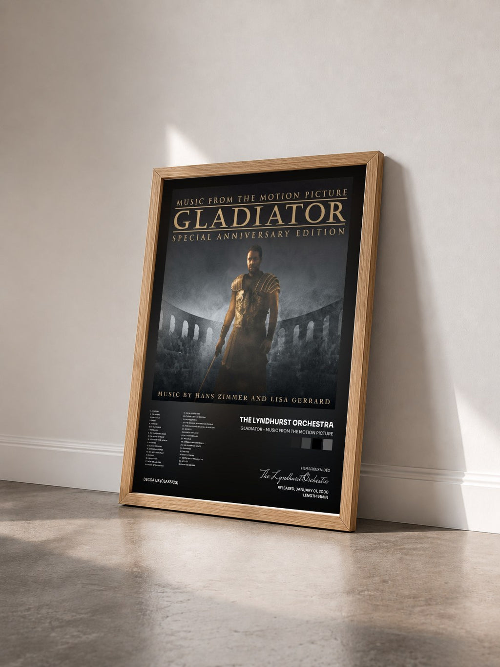 #bois Tableau de l'album Gladiator - Music From The Motion Picture de The Lyndhurst Orchestra vu de trois quarts, cadre en bois brut