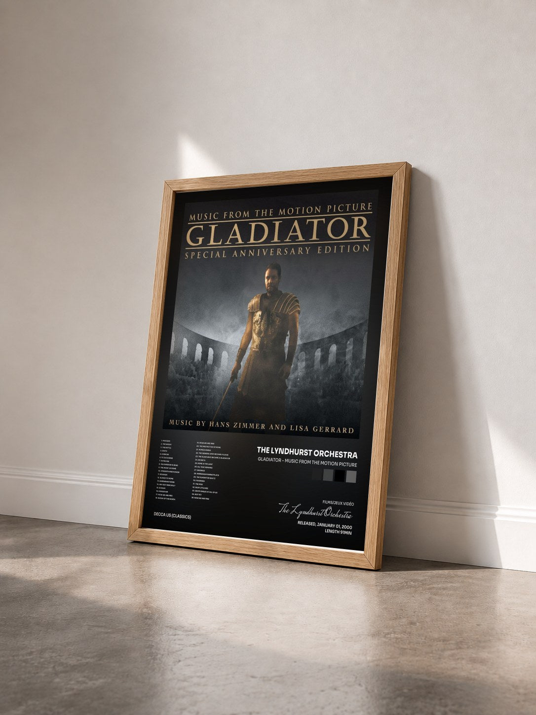 #bois Tableau de l'album Gladiator - Music From The Motion Picture de The Lyndhurst Orchestra vu de trois quarts, cadre en bois brut