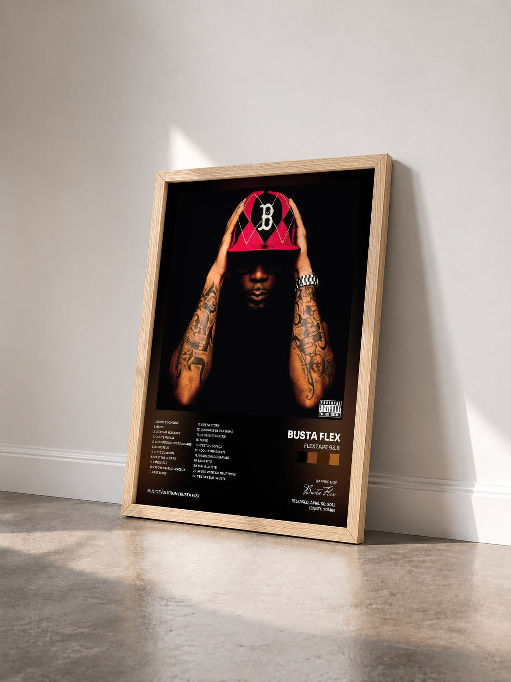 #bois Tableau de l'album Flextape 93.8 de Busta Flex vu de trois quarts, cadre en bois brut