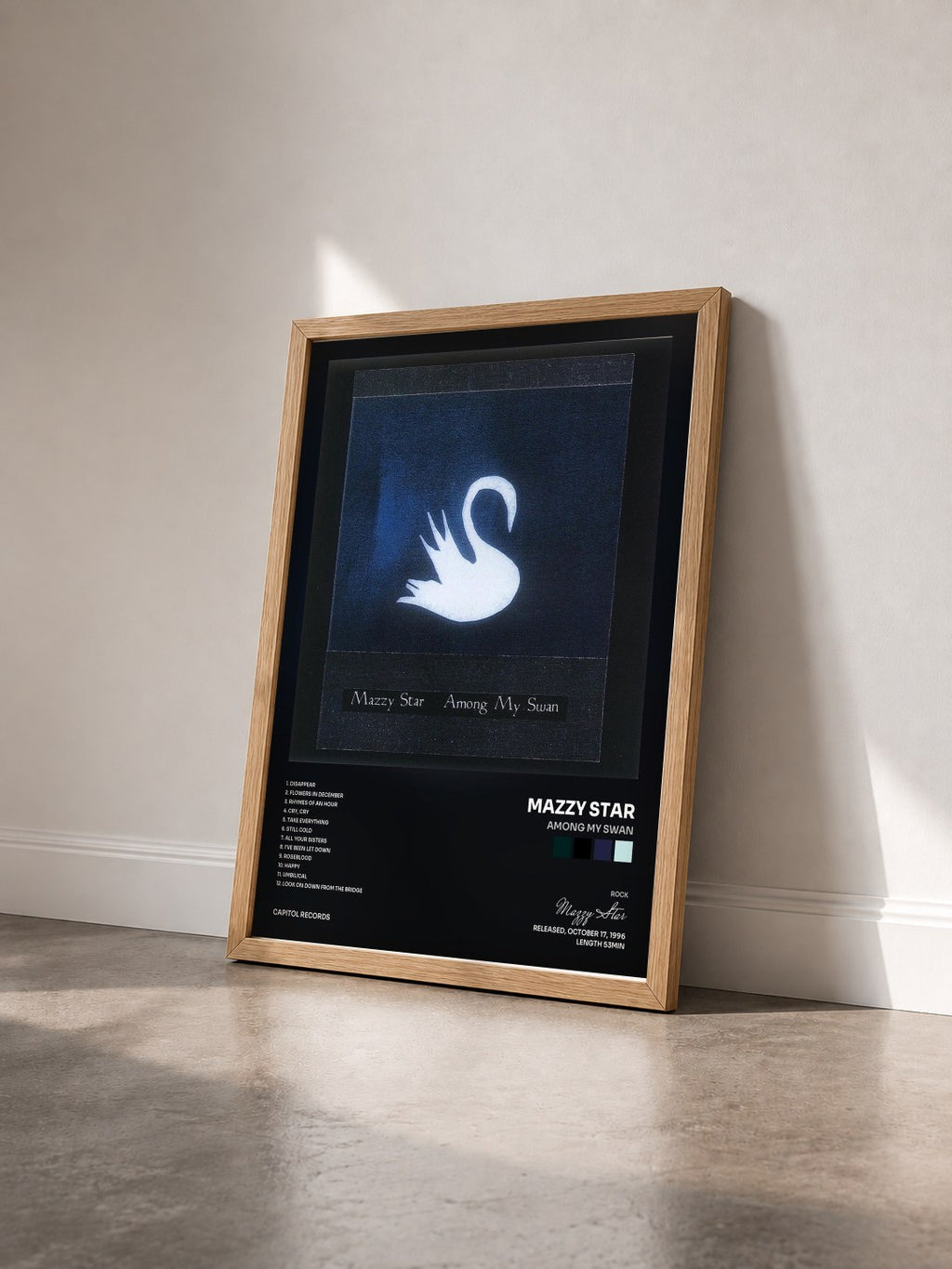 #bois Tableau de l'album Among My Swan de Mazzy Star vu de trois quarts, cadre en bois brut