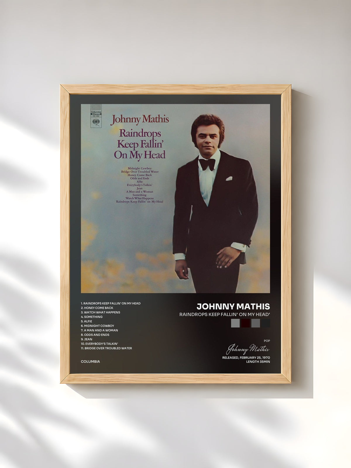 #bois Tableau de l'album Raindrops Keep Fallin' On my Head' de Johnny Mathis, cadre en bois brut, imprimé et encadré en France