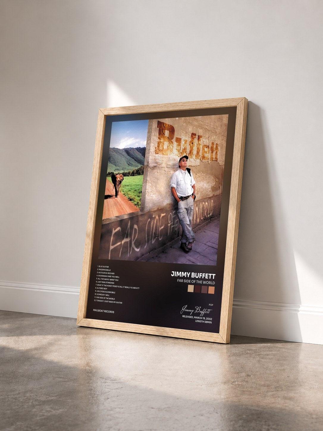 #bois Tableau de l'album Far Side of the World de Jimmy Buffett vu de trois quarts, cadre en bois brut