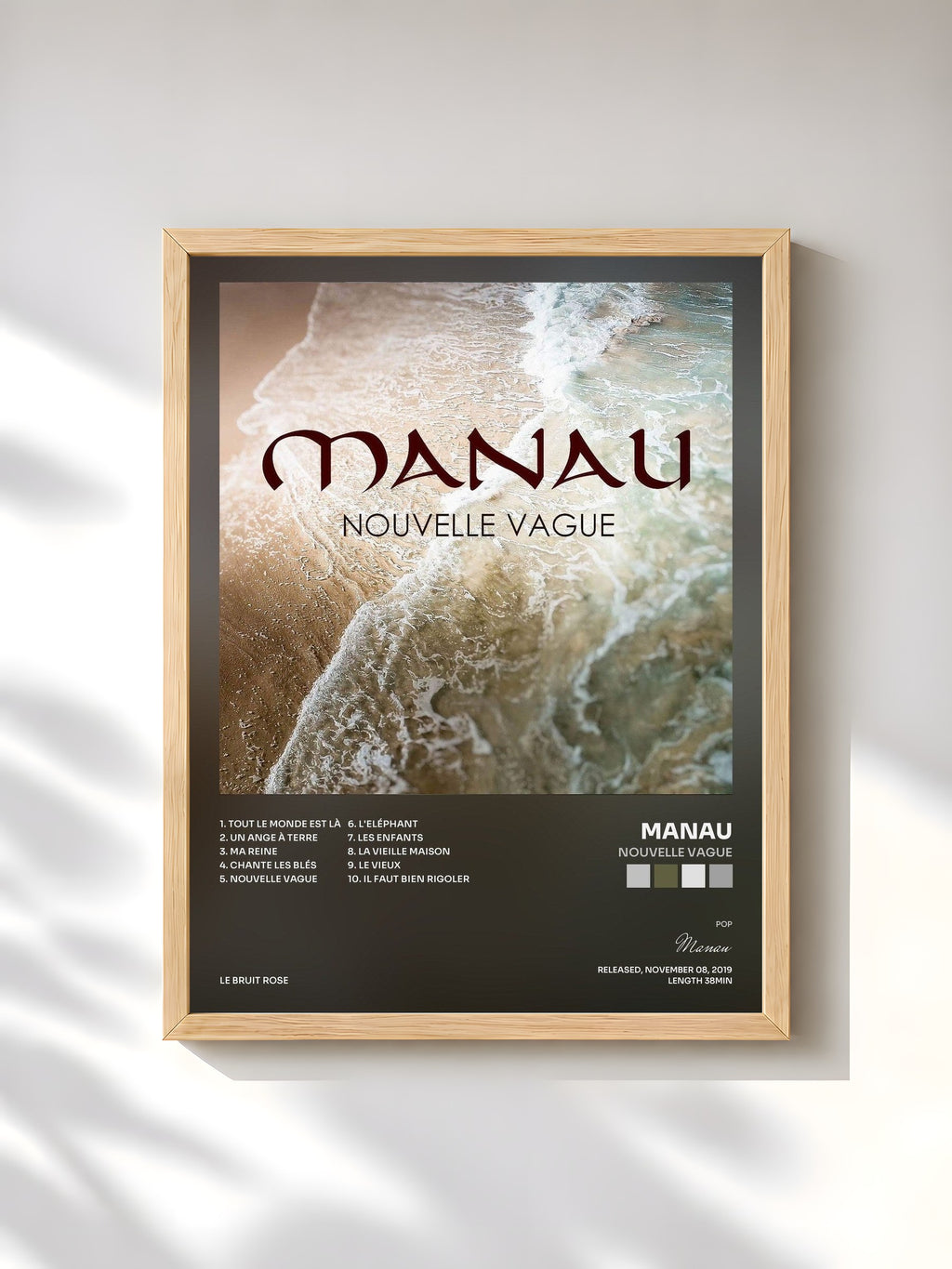 #bois Tableau de l'album Nouvelle vague de Manau, cadre en bois brut, imprimé et encadré en France