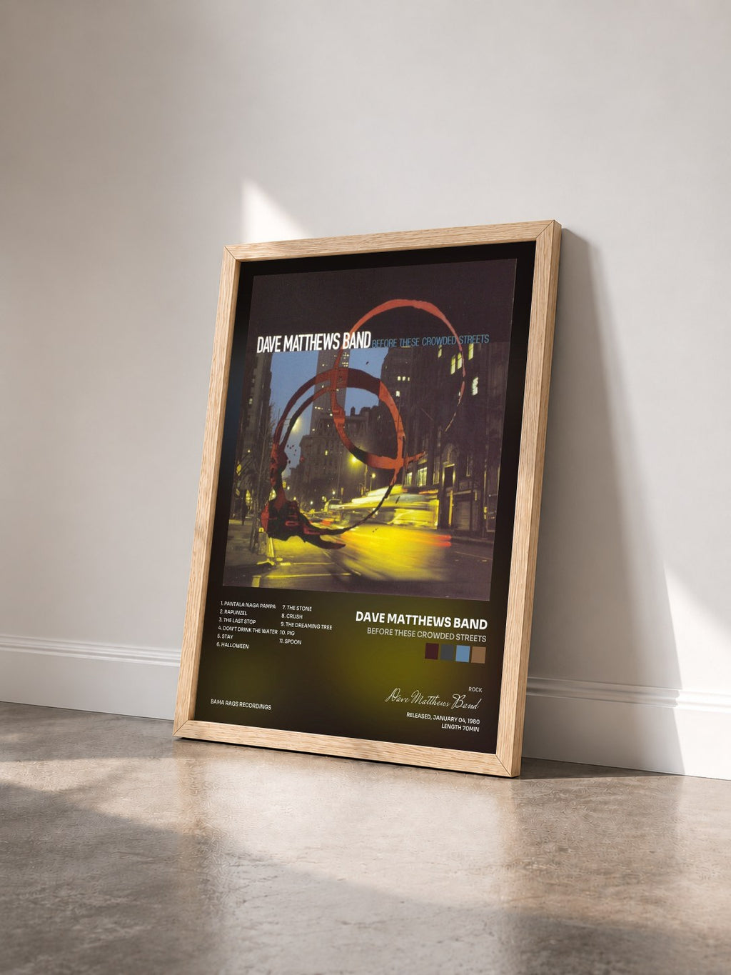 #bois Tableau de l'album Before These Crowded Streets de Dave Matthews Band vu de trois quarts, cadre en bois brut