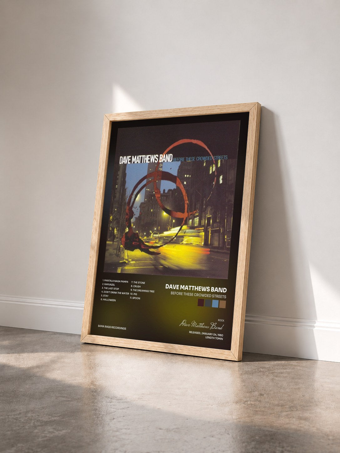 #bois Tableau de l'album Before These Crowded Streets de Dave Matthews Band vu de trois quarts, cadre en bois brut
