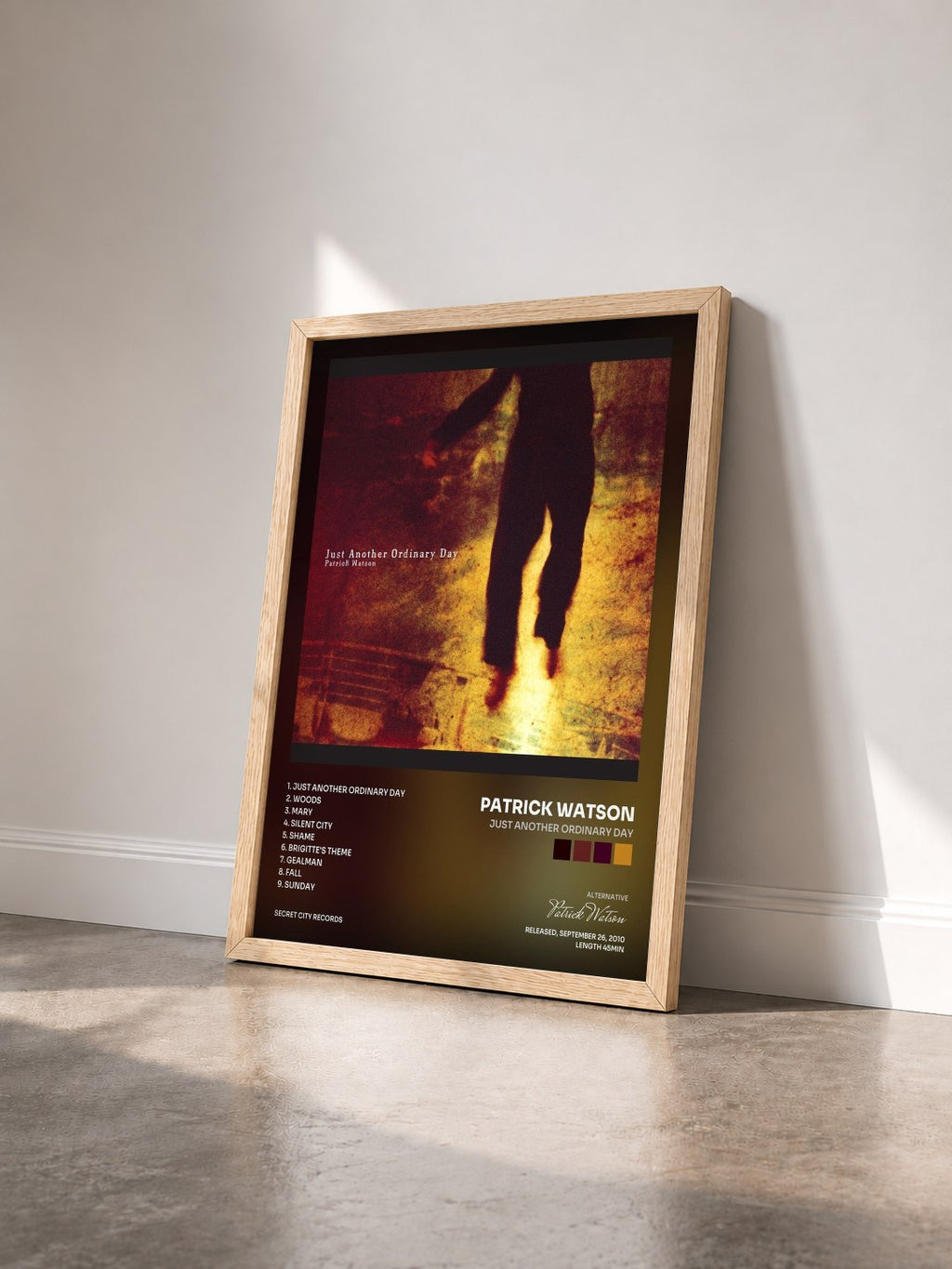 #bois Tableau de l'album Just Another Ordinary Day de Patrick Watson vu de trois quarts, cadre en bois brut