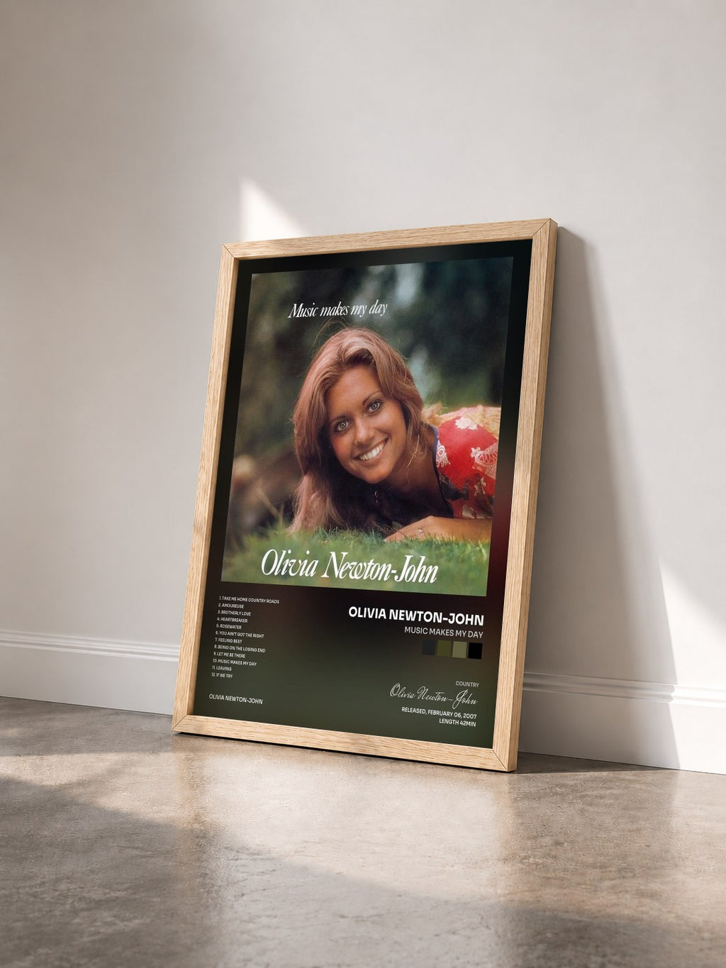 #bois Tableau de l'album Music Makes My Day de Olivia Newton-John vu de trois quarts, cadre en bois brut