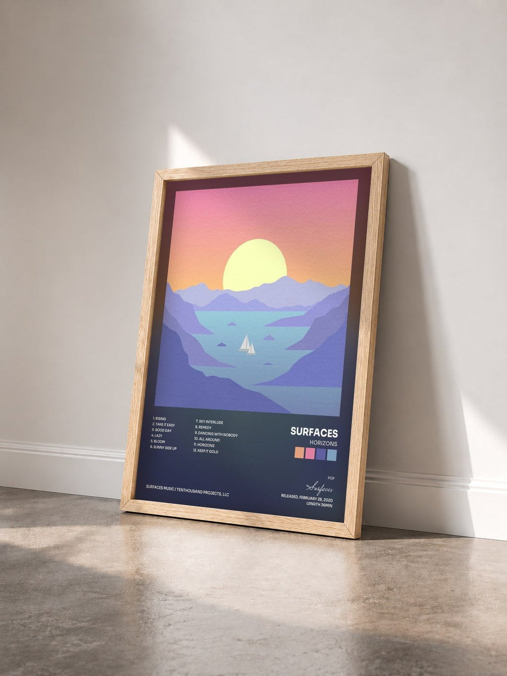 #bois Tableau de l'album Horizons de Surfaces vu de trois quarts, cadre en bois brut