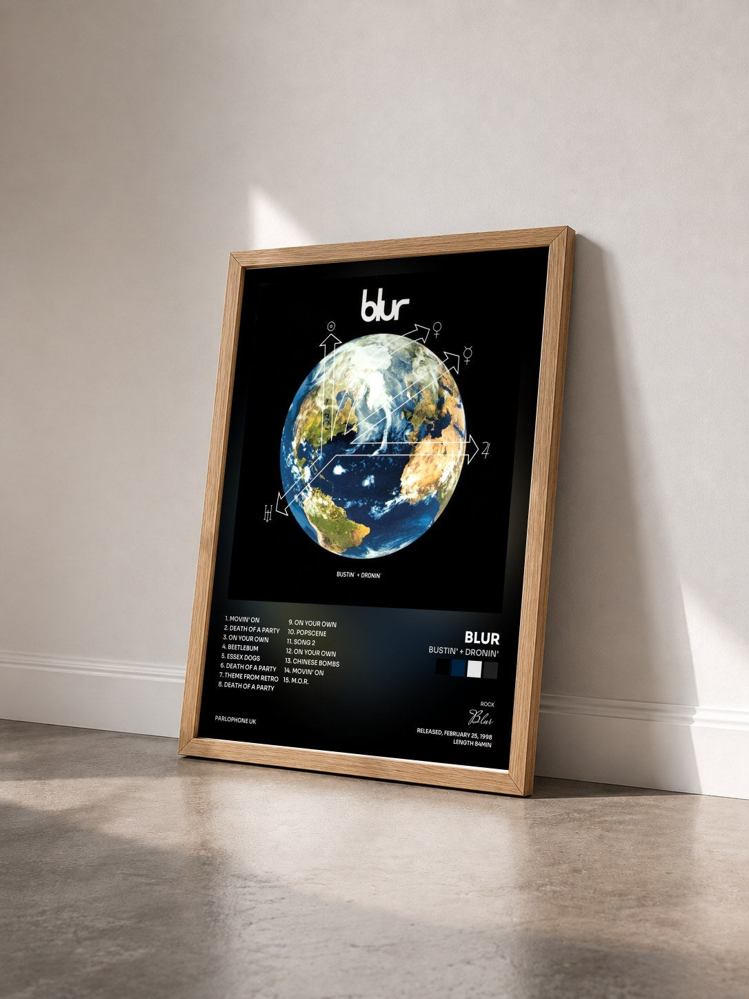 #bois Tableau de l'album Bustin' + Dronin' de Blur vu de trois quarts, cadre en bois brut