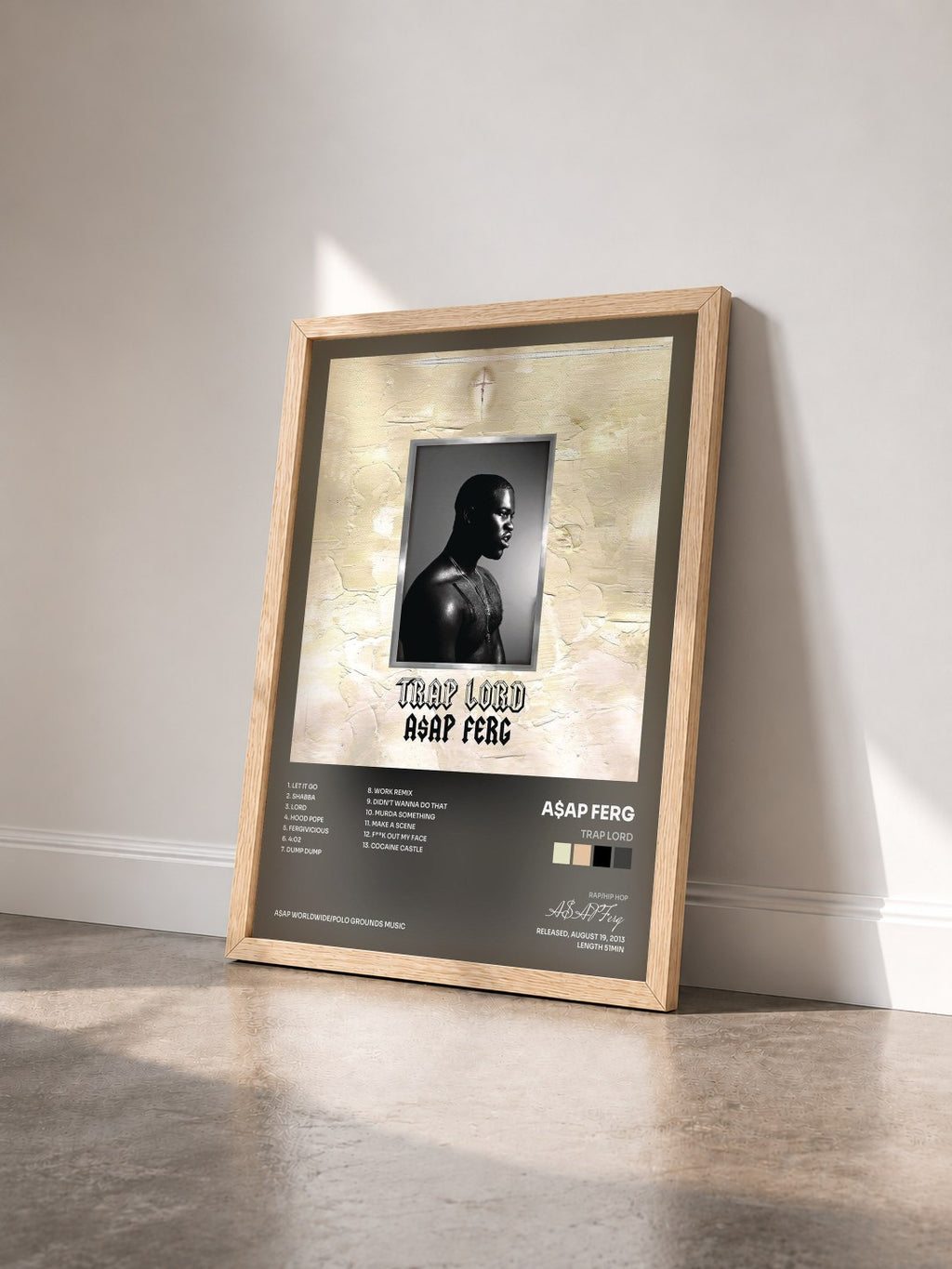 #bois Tableau de l'album Trap Lord de A$AP Ferg vu de trois quarts, cadre en bois brut