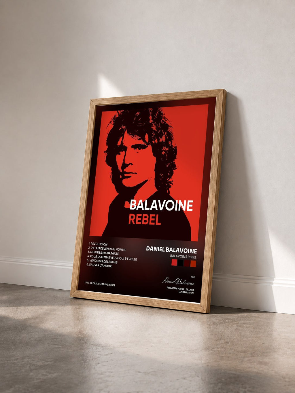 #bois Tableau de l'album Balavoine rebel de Daniel Balavoine vu de trois quarts, cadre en bois brut
