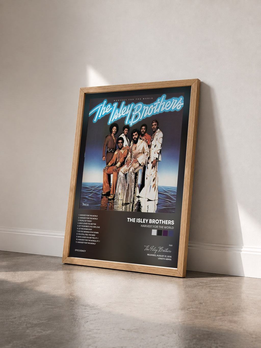 #bois Tableau de l'album Harvest for the World de The Isley Brothers vu de trois quarts, cadre en bois brut