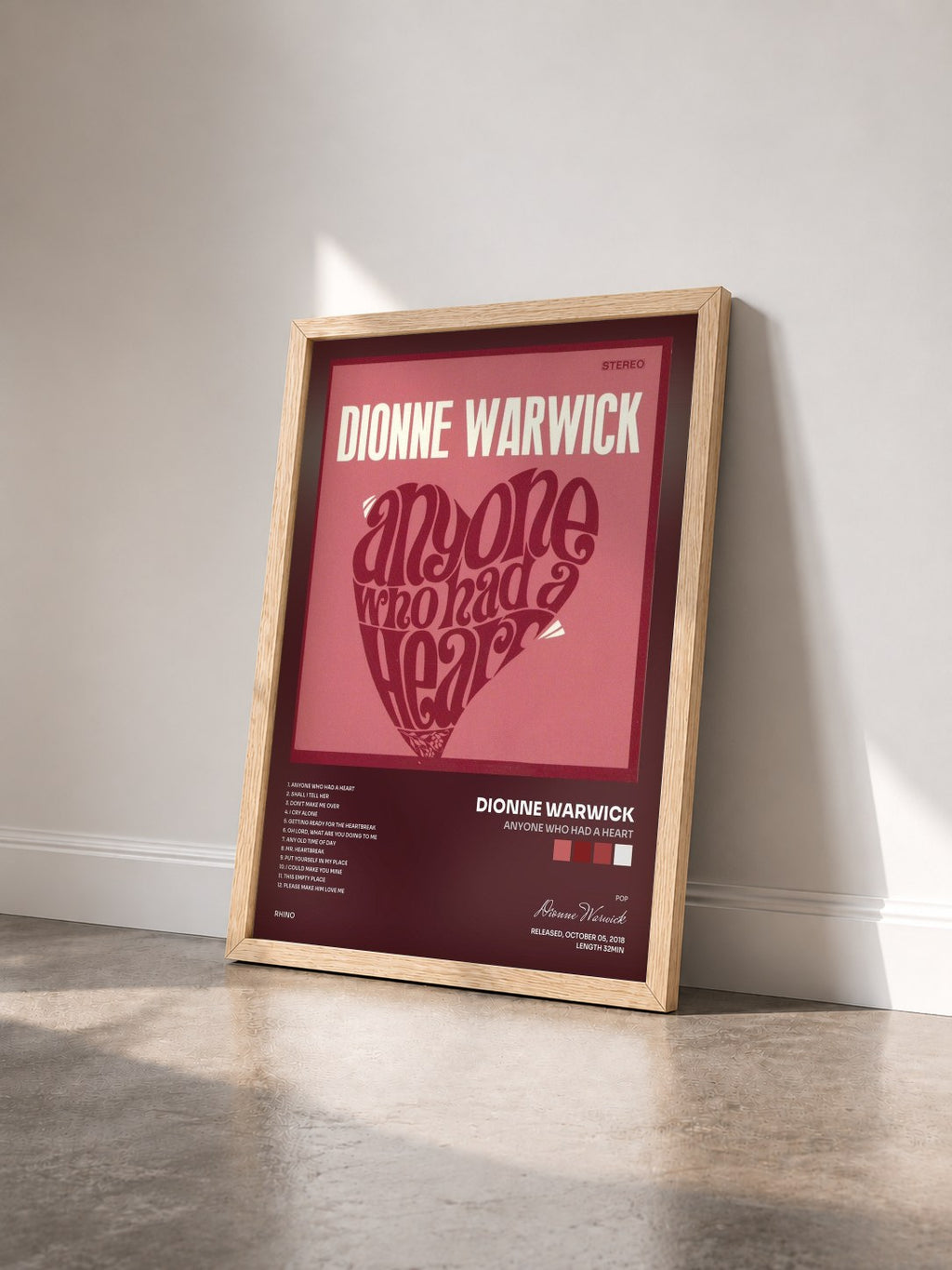 #bois Tableau de l'album Anyone Who Had a Heart de Dionne Warwick vu de trois quarts, cadre en bois brut