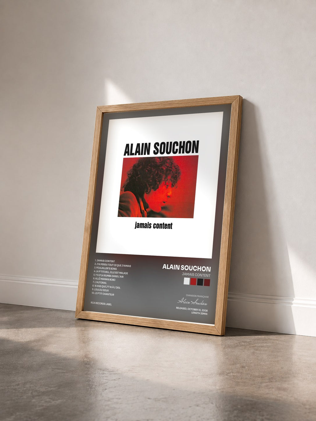 #bois Tableau de l'album Jamais Content de Alain Souchon vu de trois quarts, cadre en bois brut