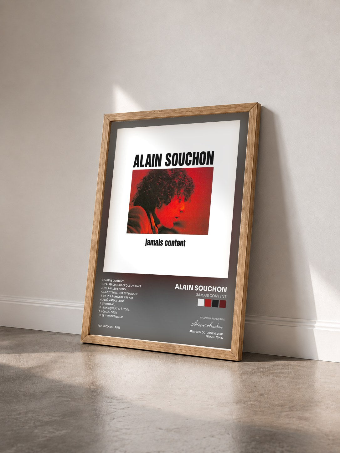 #bois Tableau de l'album Jamais Content de Alain Souchon vu de trois quarts, cadre en bois brut