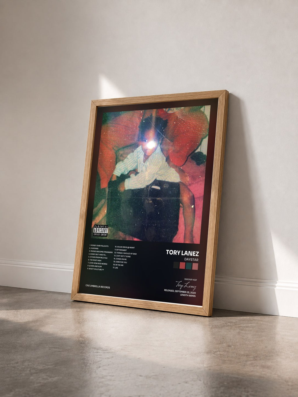 #bois Tableau de l'album DAYSTAR de Tory Lanez vu de trois quarts, cadre en bois brut