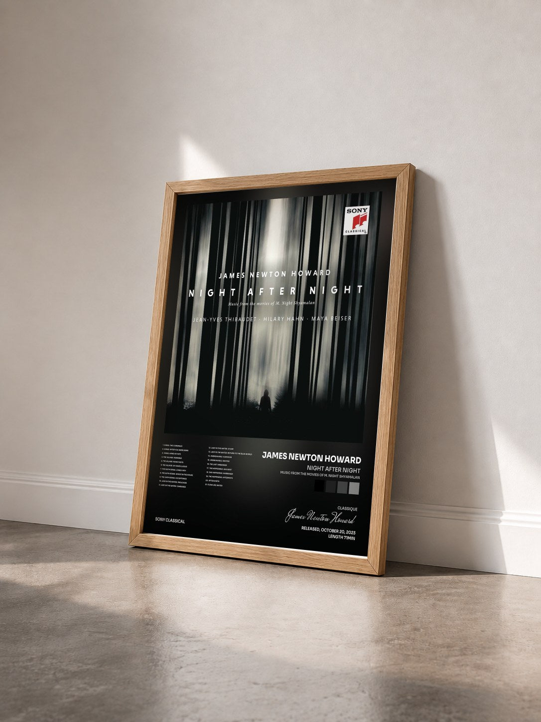 #bois Tableau de l'album Night After Night (Music from the Movies of M. Night Shyamalan) de James Newton Howard vu de trois quarts, cadre en bois brut