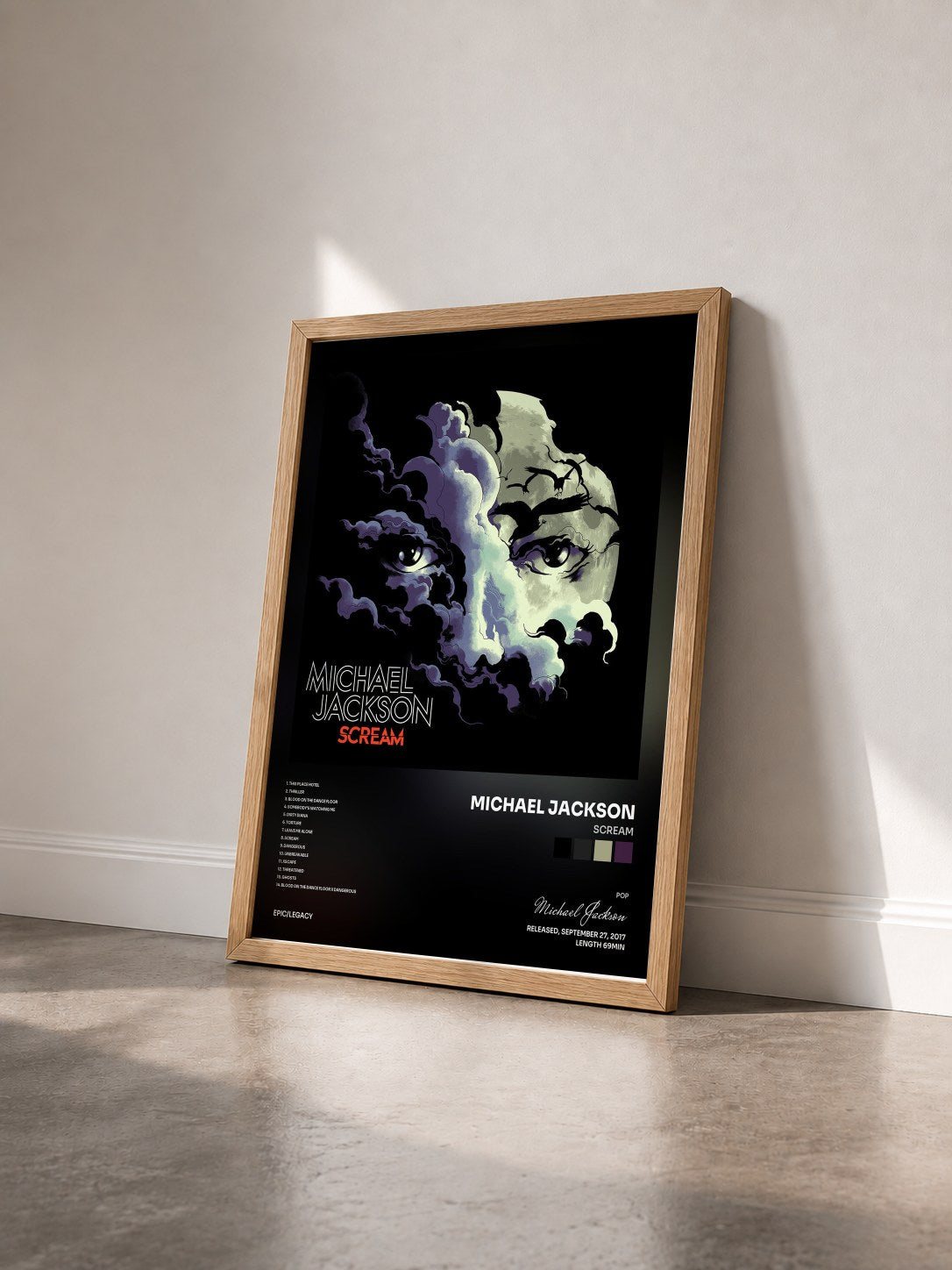 #bois Tableau de l'album Scream de Michael Jackson vu de trois quarts, cadre en bois brut