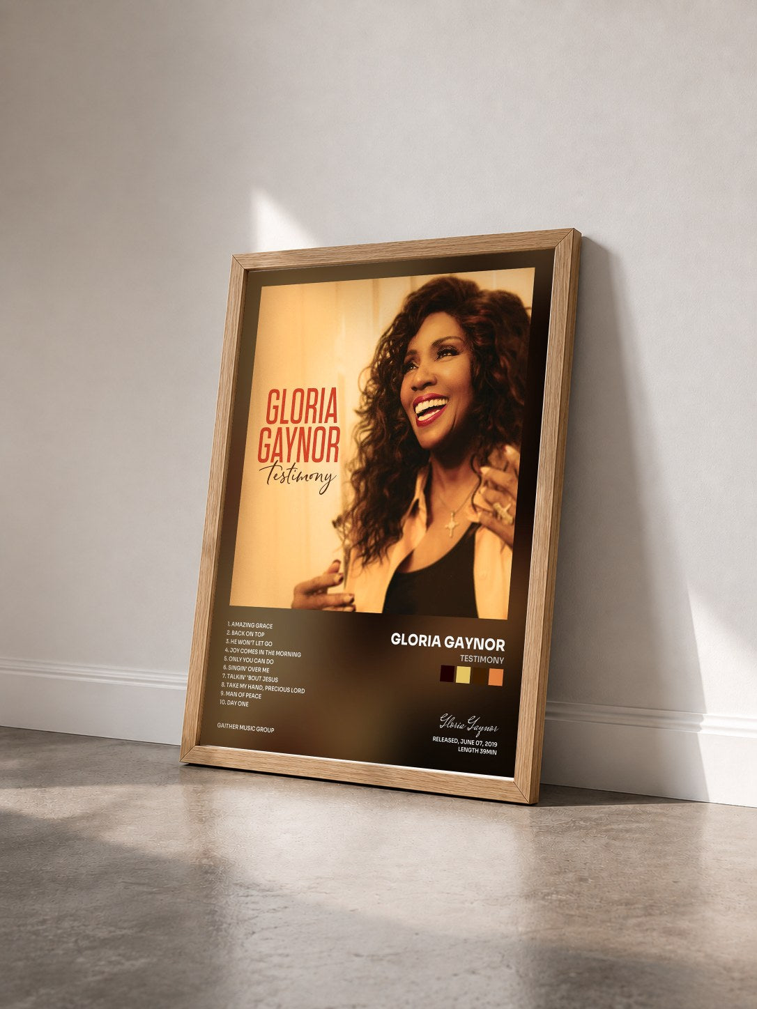 #bois Tableau de l'album Testimony de Gloria Gaynor vu de trois quarts, cadre en bois brut