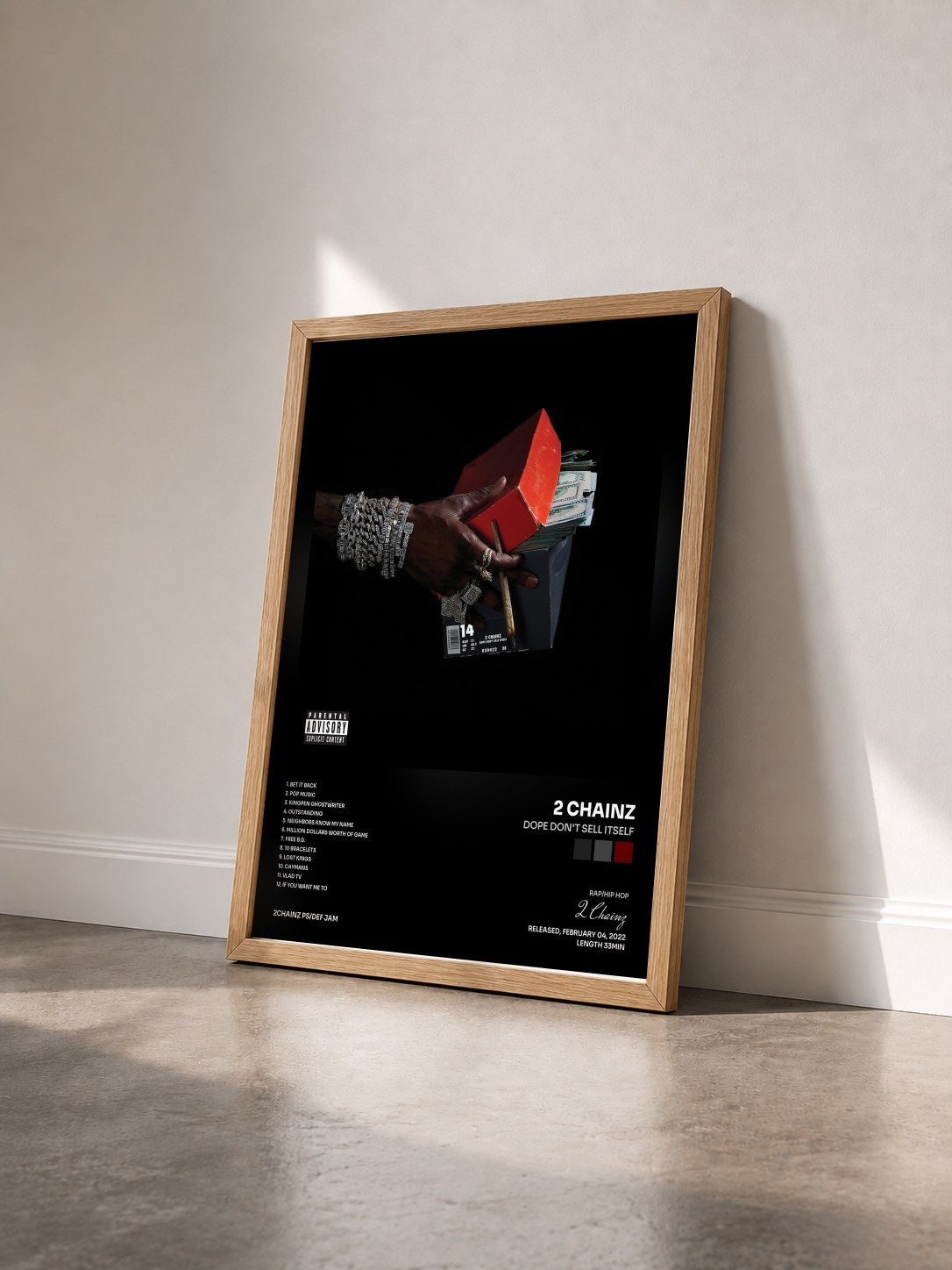 #bois Tableau de l'album Dope Don't Sell Itself de 2 Chainz vu de trois quarts, cadre en bois brut