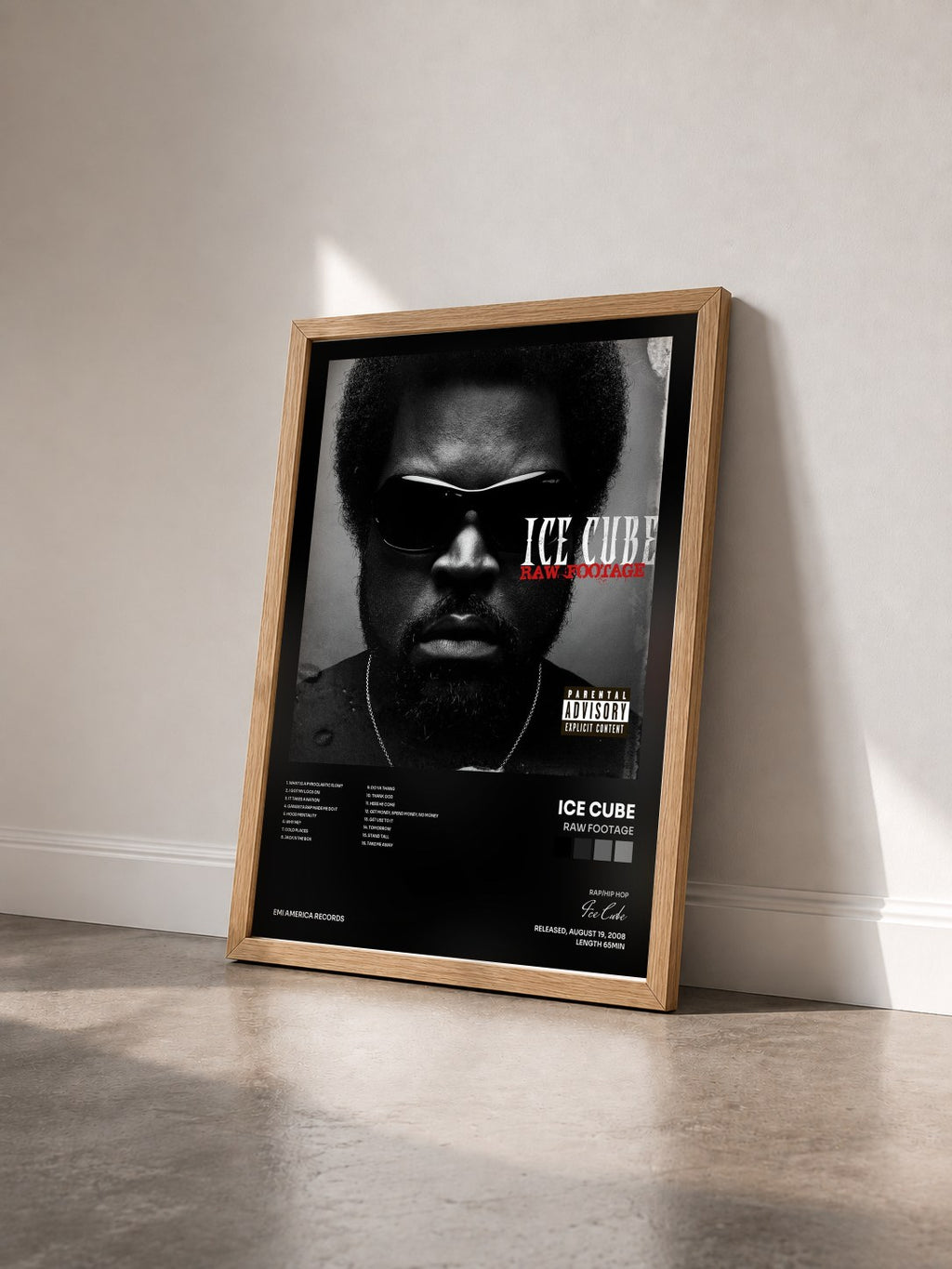 #bois Tableau de l'album Raw Footage de Ice Cube vu de trois quarts, cadre en bois brut