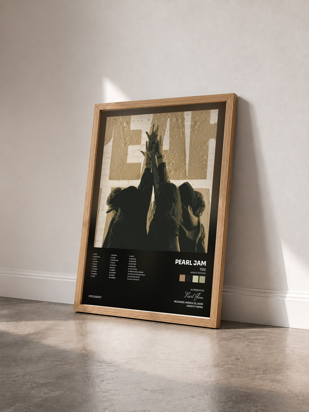 #bois Tableau de l'album Ten (Legacy Edition) de Pearl Jam vu de trois quarts, cadre en bois brut