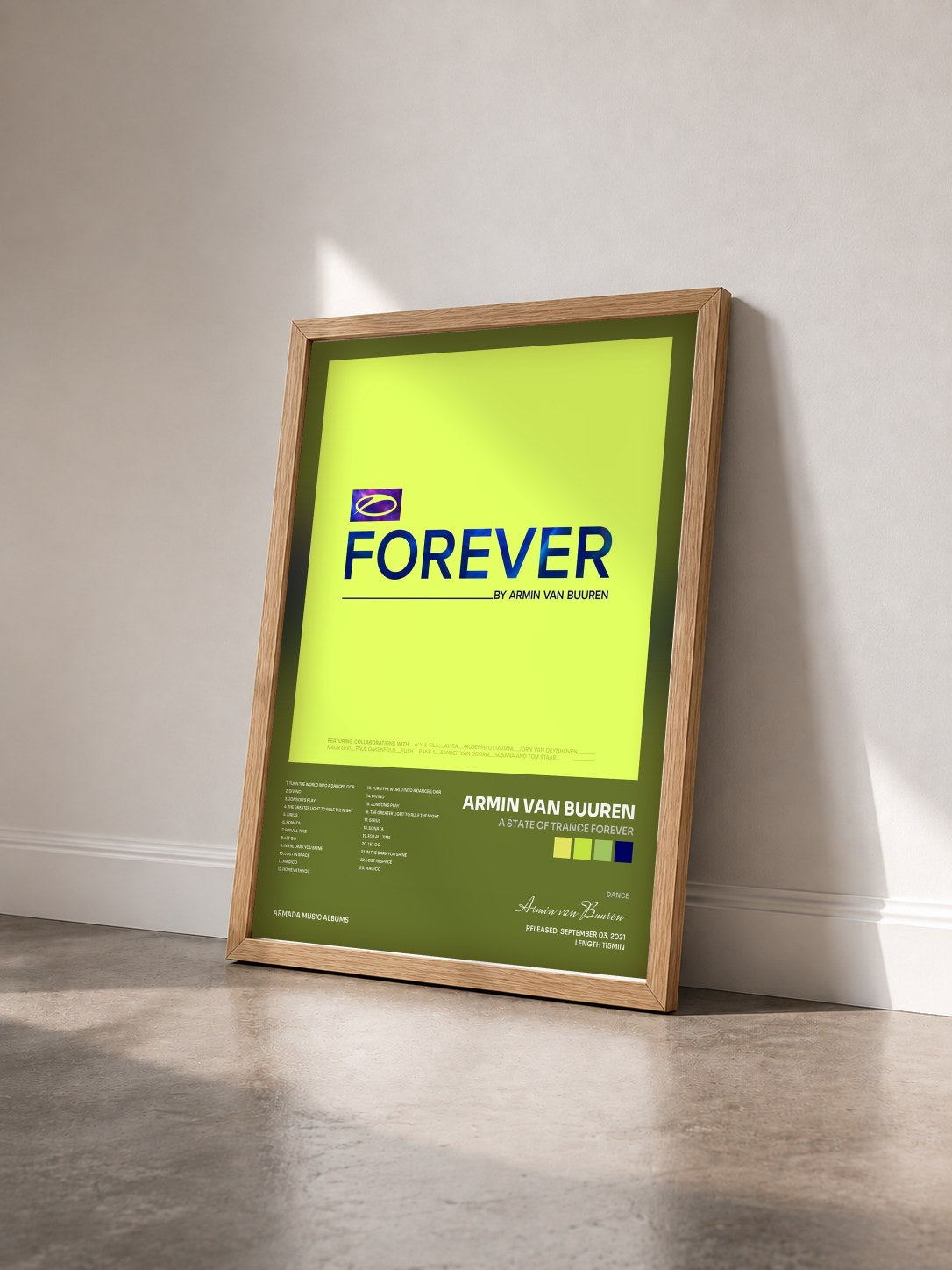 #bois Tableau de l'album A State Of Trance FOREVER de Armin van Buuren vu de trois quarts, cadre en bois brut