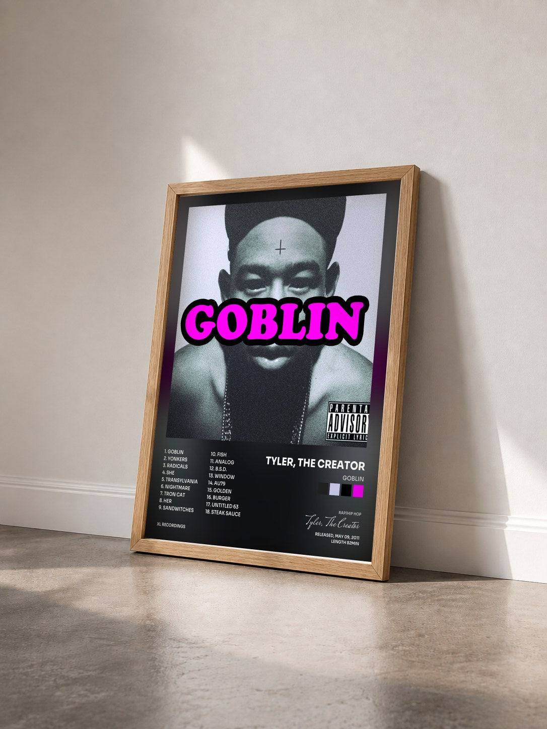 #bois Tableau de l'album Goblin de Tyler, The Creator vu de trois quarts, cadre en bois brut
