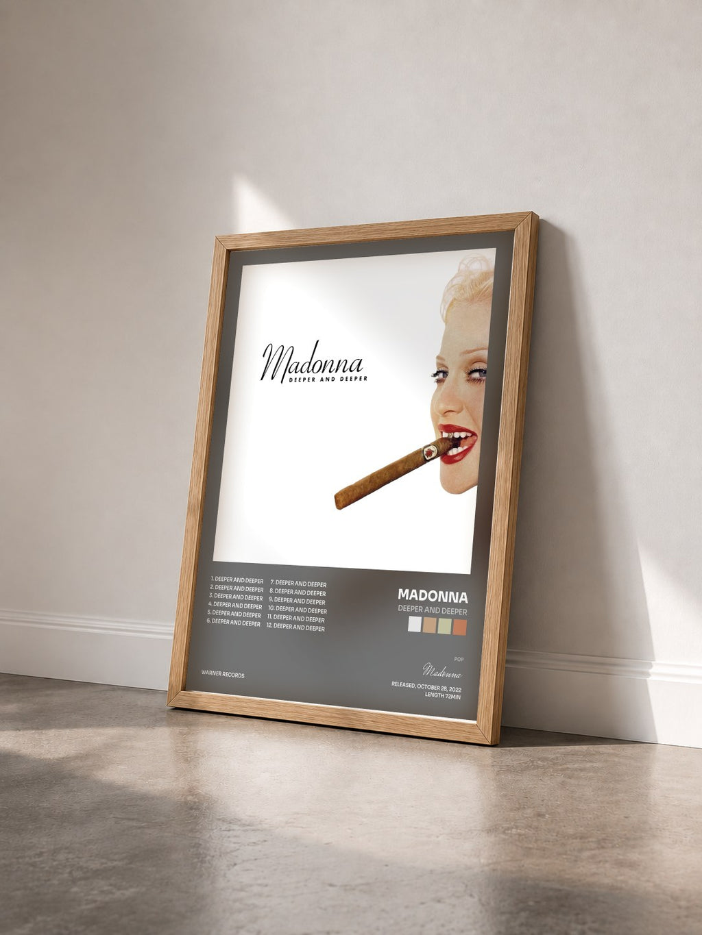 #bois Tableau de l'album Deeper and Deeper de Madonna vu de trois quarts, cadre en bois brut