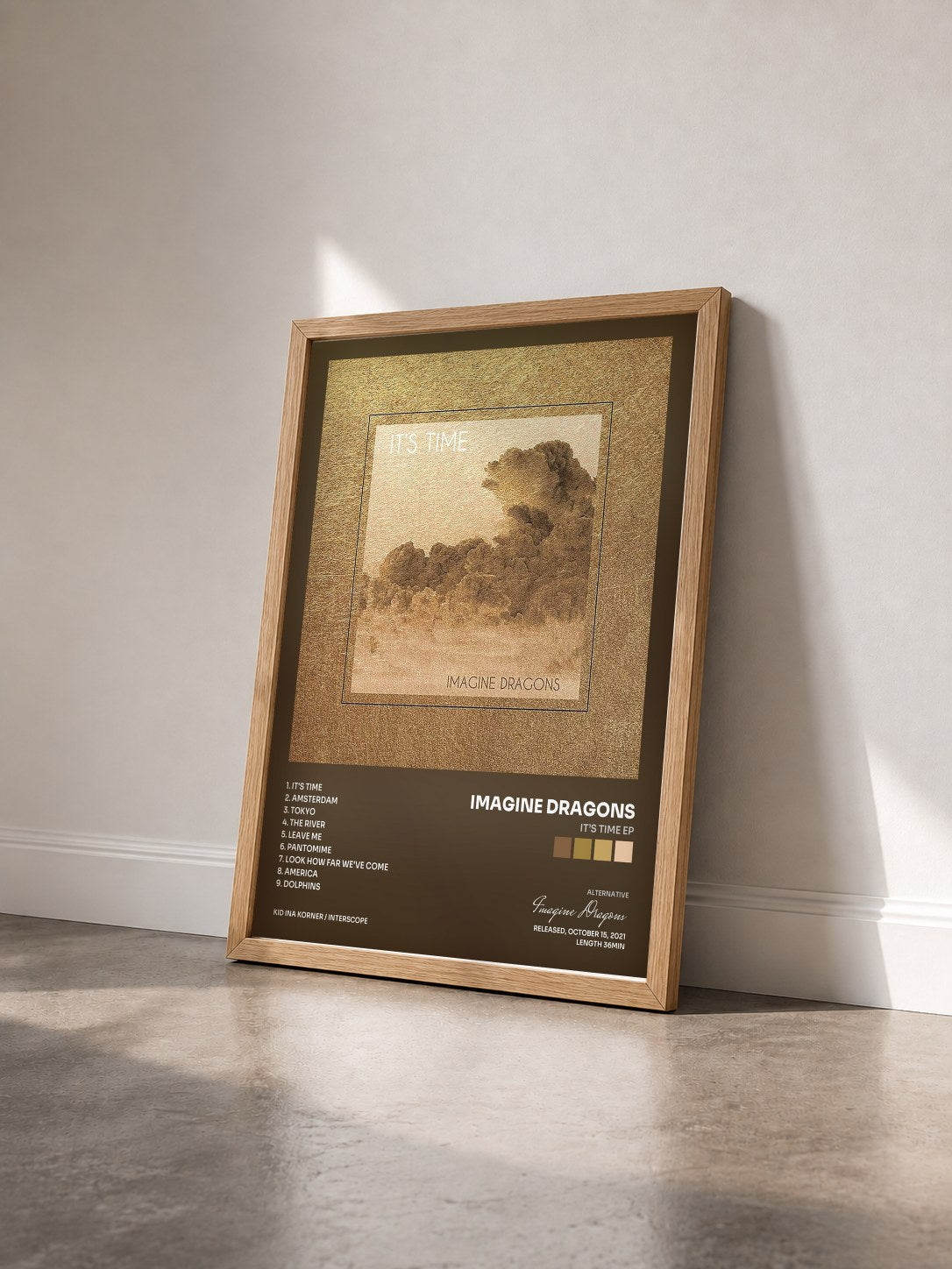 #bois Tableau de l'album It’s Time EP de Imagine Dragons vu de trois quarts, cadre en bois brut