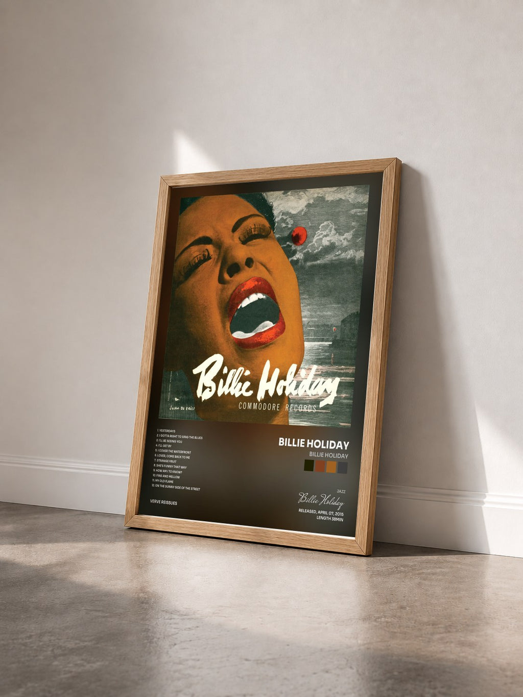 #bois Tableau de l'album Billie Holiday de Billie Holiday vu de trois quarts, cadre en bois brut