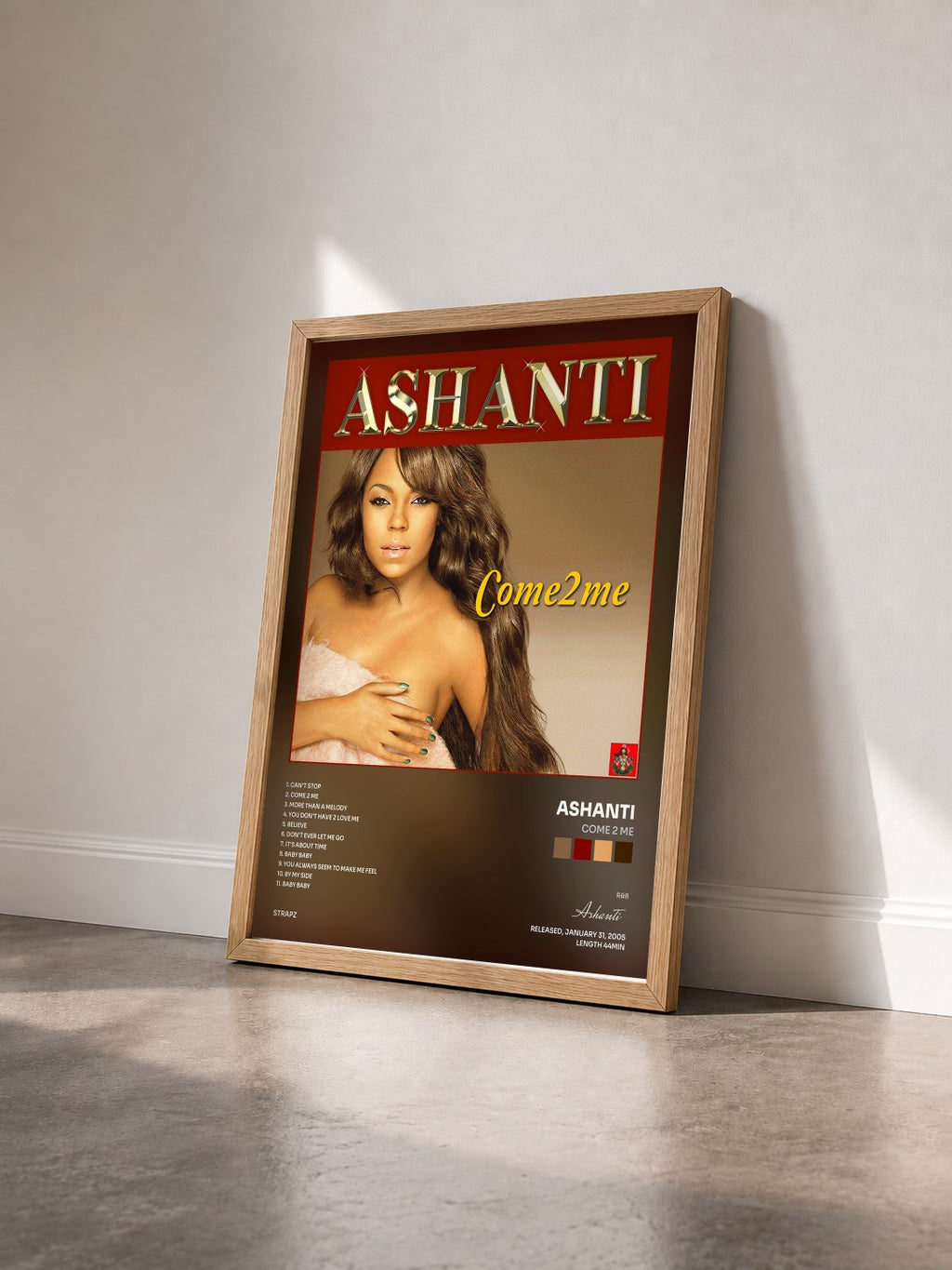 #bois Tableau de l'album Come 2 Me de Ashanti vu de trois quarts, cadre en bois brut