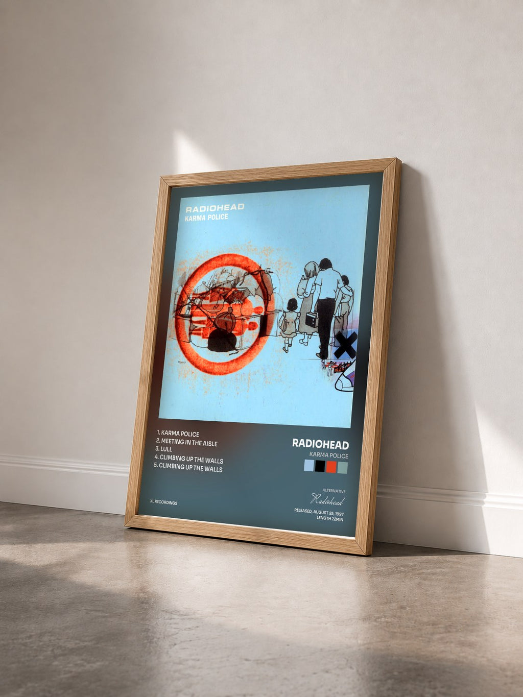 #bois Tableau de l'album Karma Police de Radiohead vu de trois quarts, cadre en bois brut