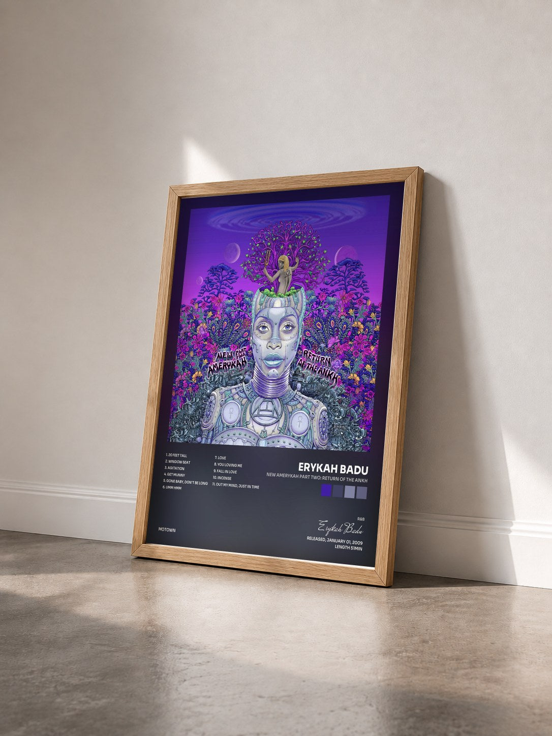#bois Tableau de l'album New Amerykah Part Two: Return Of The Ankh de Erykah Badu vu de trois quarts, cadre en bois brut