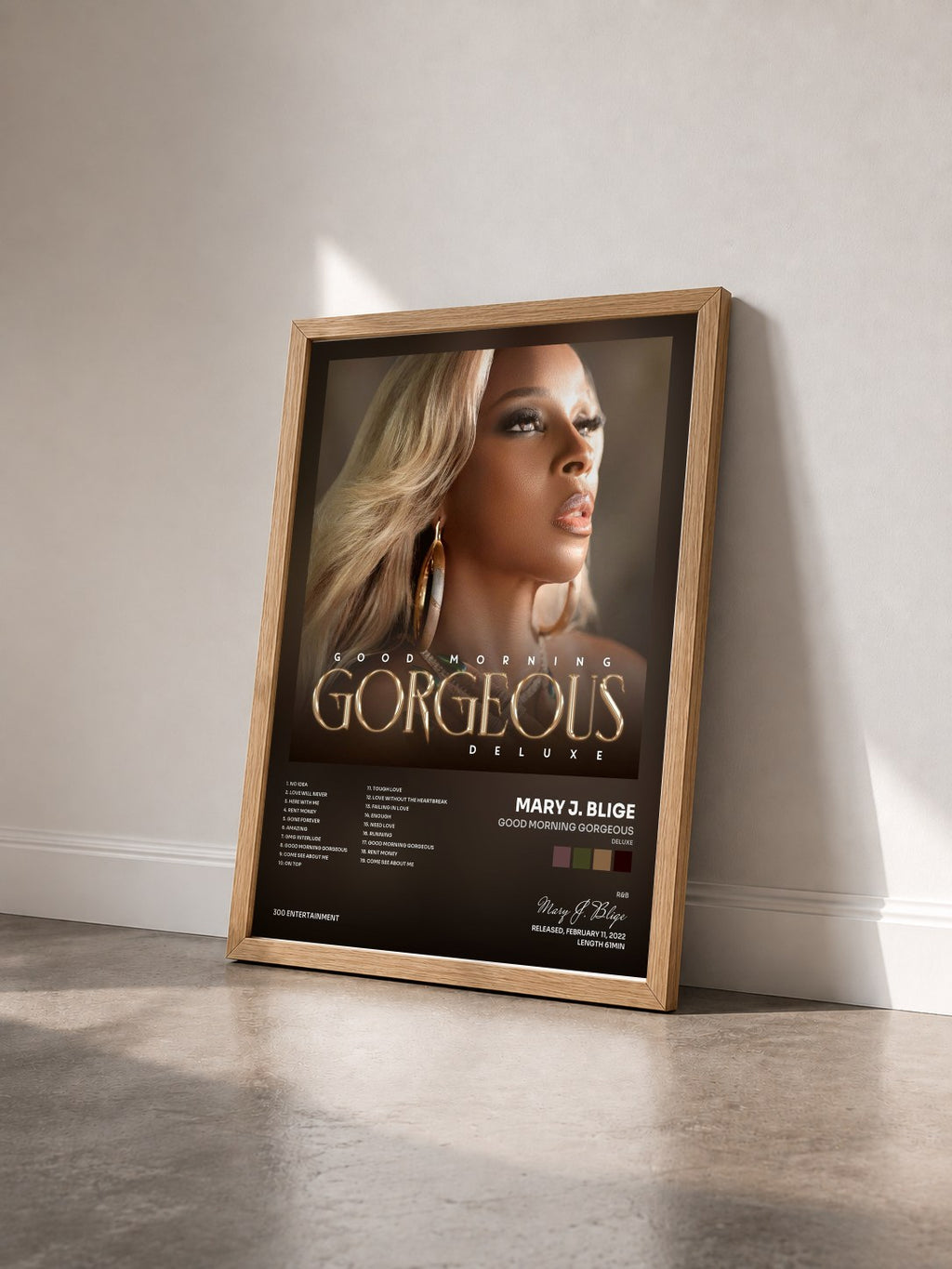 #bois Tableau de l'album Good Morning Gorgeous (Deluxe) de Mary J. Blige vu de trois quarts, cadre en bois brut