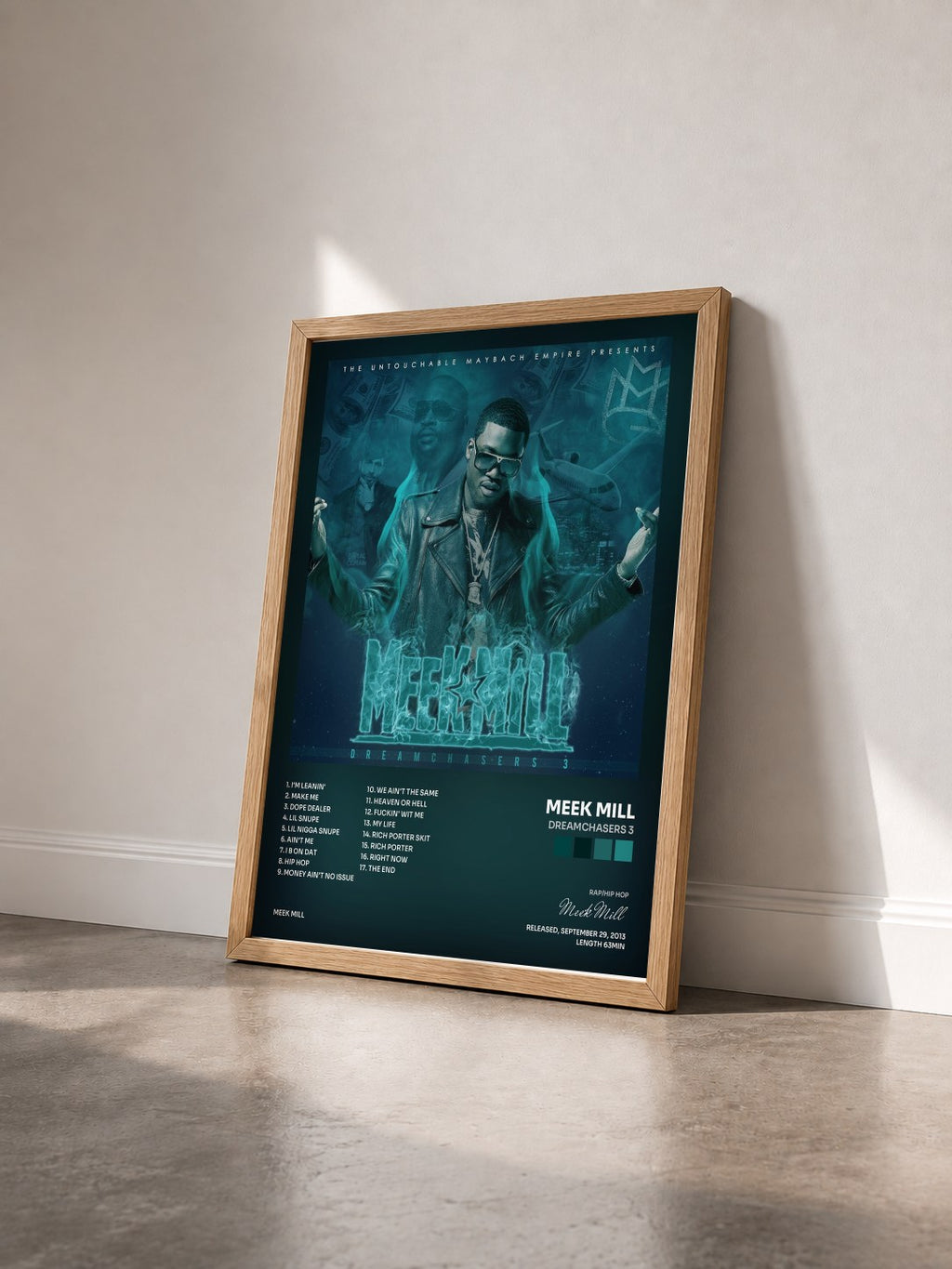 #bois Tableau de l'album Dreamchasers 3 de Meek Mill vu de trois quarts, cadre en bois brut