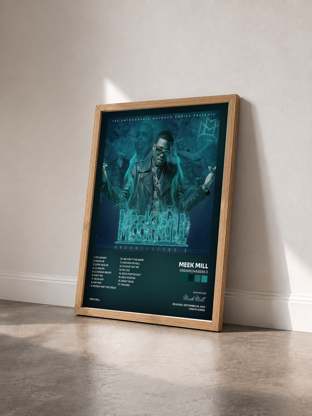 #bois Tableau de l'album Dreamchasers 3 de Meek Mill vu de trois quarts, cadre en bois brut