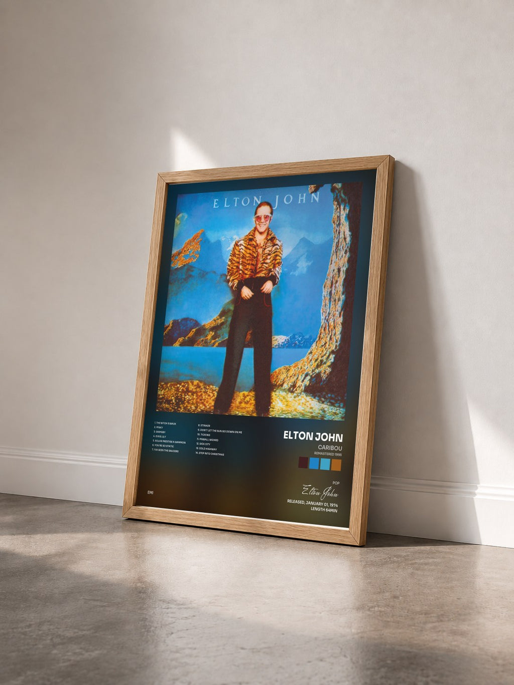#bois Tableau de l'album Caribou (Remastered 1995) de Elton John vu de trois quarts, cadre en bois brut