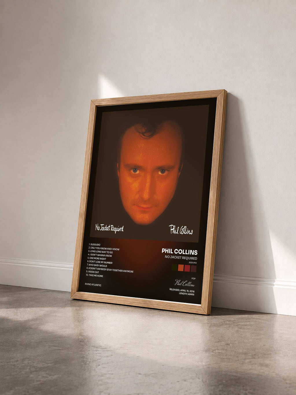 #bois Tableau de l'album No Jacket Required (2025 Mix) de Phil Collins vu de trois quarts, cadre en bois brut