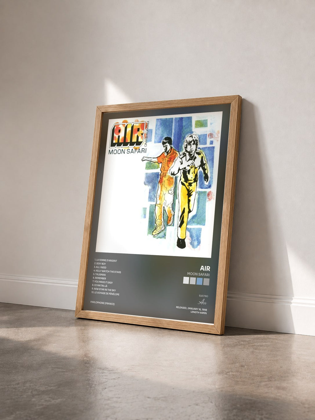 #bois Tableau de l'album Moon Safari de Air vu de trois quarts, cadre en bois brut