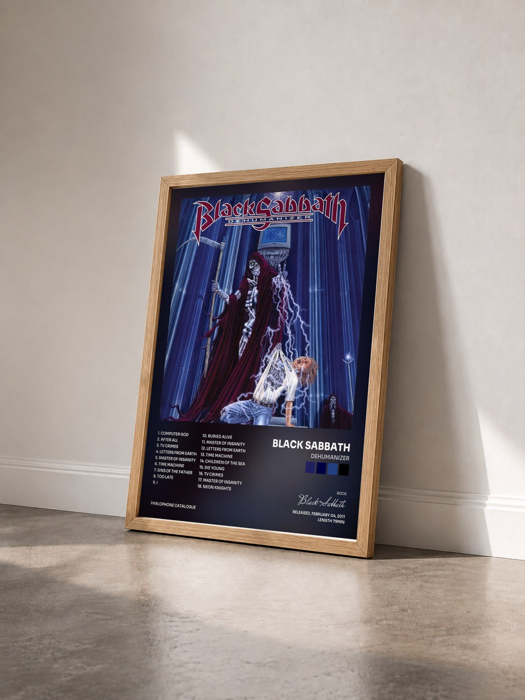 #bois Tableau de l'album Dehumanizer de Black Sabbath vu de trois quarts, cadre en bois brut
