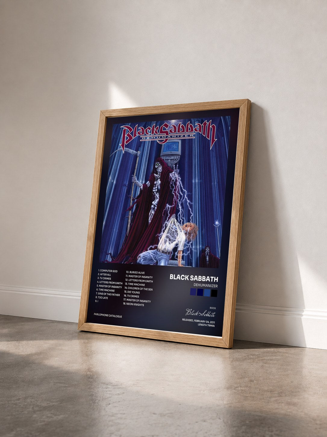 #bois Tableau de l'album Dehumanizer de Black Sabbath vu de trois quarts, cadre en bois brut